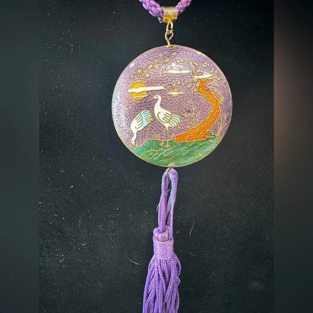 Vintage Freirich Cloisonné Purple Crane Sakura Tree DBL sided Pendant Necklace